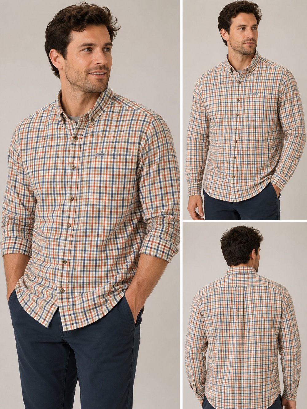 Columbia Men’s Orange, Blue & Tan Plaid Button-Down Shirt normcore gorpcore